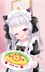 Rule 34 | 1girl, ;d, alternate costume, animal ears, apron, black dress, blunt bangs, blush, cat ears, cocozasa, cowboy shot, dress, dress shirt, enmaided, fang, food, hair ribbon, heart, highres, holding, holding plate, hololive, incoming food, long hair, looking at viewer, maid, maid apron, maid headdress, murasaki shion, omelet, omurice, one eye closed, open mouth, plate, puffy short sleeves, puffy sleeves, ribbon, shirt, short eyebrows, short sleeves, sidelocks, silver hair, smile, solo, subaru duck, twintails, upper body, virtual youtuber, white apron, yellow eyes