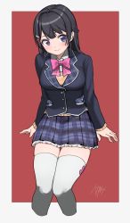 Rule 34 | 1girl, absurdres, black hair, black jacket, blazer, blue eyes, blue skirt, blush, bow, bowtie, braid, breasts, closed mouth, collared shirt, commentary, cropped legs, dress shirt, feet out of frame, french braid, frilled skirt, frills, hair intakes, hair ornament, hairclip, highres, invisible chair, jacket, knees together feet apart, long hair, long sleeves, looking at viewer, medium breasts, miniskirt, nijisanji, pink bow, pink bowtie, plaid, plaid skirt, pleated skirt, red background, sahara, school uniform, shirt, sidelocks, signature, simple background, sitting, skirt, smile, solo, straight hair, sweater, thighhighs, thighs, tsukino mito, tsukino mito (1st costume), virtual youtuber, white shirt, white thighhighs, wing collar, yellow sweater, zettai ryouiki
