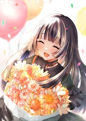 Rule 34 | 1girl, absurdres, balloon, birthday, black choker, black gloves, blunt bangs, blurry, blurry background, blush, bouquet, brown hair, choker, closed eyes, commentary, confetti, dress, facing viewer, fang, flower, frilled dress, frills, gem, gloves, green dress, happy, happy birthday, highres, holding, holding bouquet, hololive, hololive dev is, juufuutei raden, kakapo green, lace, lace choker, long hair, multicolored hair, open mouth, red gemstone, simple background, skin fang, smile, solo, standing, streaked hair, two-tone hair, upper body, virtual youtuber, white background, white hair