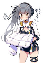 Rule 34 | 1girl, anger vein, bandeau, black bandeau, black ribbon, black skirt, blush, brown eyes, cowboy shot, cropped jacket, dated, grey hair, hair ribbon, headphones, jacket, kantai collection, kasumi (kancolle), long hair, odawara hakone, one-hour drawing challenge, open mouth, race queen, ribbon, short sleeves, side ponytail, simple background, skirt, solo, translation request, twitter username, white background, white jacket
