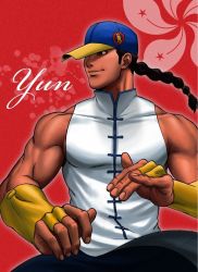 Rule 34 | 1boy, bare shoulders, baseball cap, black hair, braid, bridal gauntlets, capcom, chinese clothes, fighting stance, hat, kazumichi, long hair, male focus, muscular, single braid, sleeveless, solo, street fighter, street fighter iii (series), yun lee