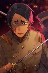 Rule 34 | 2boys, bayonet, black background, black eyes, black hair, black headwear, blood, blood on clothes, blood on face, bloody weapon, brown jacket, buzz cut, closed mouth, dark-skinned male, dark skin, embers, facing away, golden kamuy, gradient background, gun, hat, highres, holding, holding sword, holding weapon, imperial japanese army, jacket, kepi, koito otonoshin, looking at viewer, male focus, military, military hat, military uniform, multiple boys, oziozi kamuy, parted bangs, red background, rifle, short hair, sword, tsukishima hajime, tsurime, uniform, upper body, very short hair, weapon