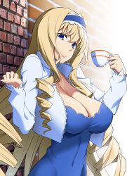Rule 34 | 1girl, absurdres, blue dress, blue eyes, breasts, brick wall, cecilia alcott, cleavage, cropped jacket, cup, dress, drill hair, hairband, highres, infinite stratos, large breasts, light blue jacket, long hair, long sleeves, mattari yufi, smile, solo, standing, teacup, upper body, very long hair