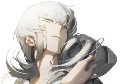 Rule 34 | 1boy, blue eyes, final fantasy, final fantasy xiv, hand up, hood, hood down, hooded robe, long hair, looking at viewer, male focus, migo45, parted lips, robe, simple background, solo, sophist&#039;s robe, themis (ff14), white background, white hair