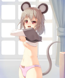 Rule 34 | 1girl, absurdres, animal ears, blush, bow, bow panties, breasts, grey hair, highres, mouse ears, mouse tail, navel, nazrin, no pants, open mouth, panties, pink panties, red eyes, seneto, short hair, small breasts, solo, tail, touhou, underboob, underwear, undressing, window