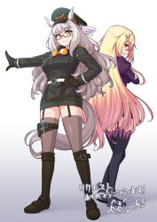 Rule 34 | 2girls, alternate costume, animal ears, biwa hayahide (umamusume), blonde hair, boots, commentary request, commission, formation girls, gradient background, green eyes, heebee, horse ears, looking at viewer, military, military uniform, multiple girls, simple background, skeb commission, thighhighs, translation request, umamusume, uniform, voice actor connection, white background, white hair