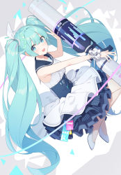 Rule 34 | 1girl, :d, audio visualizer, blue archive, blue eyes, blue hair, blue nails, blue sailor collar, blue skirt, bow, buttons, center frills, commentary, double-breasted, english commentary, enosan, frilled skirt, frills, full body, hair bow, hatsune miku, high-waist skirt, high heels, highres, holding, holding weapon, layered skirt, long hair, looking at viewer, nail polish, open mouth, sailor collar, scrunchie, shirt, sidelocks, skirt, sleeveless, sleeveless shirt, smile, solo, speaker, twintails, very long hair, vocaloid, volume symbol, weapon, white footwear, white scrunchie, white shirt, white skirt, wrist scrunchie