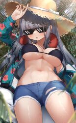 Rule 34 | 1girl, :o, arm up, bikini, black bikini, blush, breasts, cleavage, day, denim, denim shorts, floral print, frima (nikke), frima (sea of sloth) (nikke), goddess of victory: nikke, grey hair, hat, highres, jacket, large breasts, long hair, looking at viewer, navel, official alternate costume, open clothes, open jacket, open mouth, outdoors, pants, short hair, shorts, solo, straw hat, sun hat, sunglasses, sweat, swimsuit, torn clothes, torn pants, torn shorts, waon (43ctw)