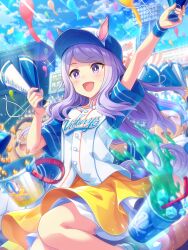 Rule 34 | 1girl, absurdres, animal ears, arm up, baseball cap, baseball stadium, blush, breasts, confetti, drink, ears through headwear, food, hat, highres, horse ears, horse girl, horse tail, long hair, mejiro mcqueen (let&#039;s go! yes!?) (umamusume), mejiro mcqueen (umamusume), official alternate costume, official art, open mouth, popcorn, sky, small breasts, solo focus, sweat, tail, umamusume