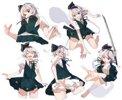 Rule 34 | 1girl, ^ ^, arm support, bloomers, blush, clenched teeth, closed eyes, cropped legs, cropped torso, dress, from behind, from below, green dress, grey hair, higa (gominami), highres, katana, konpaku youmu, konpaku youmu (ghost), looking at viewer, multiple views, skirt, skirt tug, smile, solo, sword, teeth, touhou, underwear, upper teeth only, wavy mouth, weapon, white background