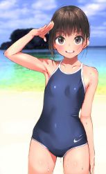 Rule 34 | 1girl, :d, absurdres, amego, arm up, bad id, bad pixiv id, beach, blue one-piece swimsuit, blue sky, blurry, blush, breasts, brown eyes, brown hair, cloud, collarbone, competition school swimsuit, cowboy shot, day, depth of field, dripping, highres, horizon, looking at viewer, ocean, one-piece swimsuit, open mouth, original, outdoors, salute, school swimsuit, shiny clothes, shiny skin, short hair, sky, small breasts, smile, solo, standing, swimsuit, teeth, upper teeth only, wet, wet hair