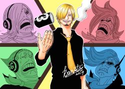 Rule 34 | 1girl, 4boys, brother and sister, brothers, cuffs, facial hair, glasses, goatee, hair over one eye, handcuffs, highres, male focus, multiple boys, one piece, raid suit, sanji (one piece), siblings, sitting, smile, sunglasses, tattoo, vinsmoke family, vinsmoke ichiji, vinsmoke niji, vinsmoke reiju, vinsmoke yonji