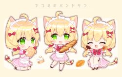 Rule 34 | 1girl, :d, :o, ^ ^, ahoge, animal ears, apron, baguette, blonde hair, blush, bow, bread, brown background, brown footwear, cake, cat ears, cat girl, cat tail, chibi, closed eyes, collared shirt, commentary request, food, frilled apron, frilled skirt, frills, full body, gloves, green eyes, grey outline, hair between eyes, hair bow, hair ornament, hairclip, heart, highres, holding, holding food, long hair, low twintails, maid headdress, multiple views, open mouth, original, pink shirt, pink skirt, pleated skirt, puffy short sleeves, puffy sleeves, red bow, shikito (yawa0w0), shirt, shoes, short sleeves, simple background, skirt, smile, socks, striped clothes, striped socks, tail, tail bow, tail ornament, translation request, twintails, vertical-striped clothes, vertical-striped socks, very long hair, waist apron, white apron, white gloves, x hair ornament