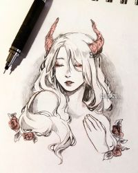 Rule 34 | 1girl, art tools in frame, artist name, bad id, bad twitter id, clivenzu, closed eyes, commentary, demon horns, english commentary, eyeshadow, facing viewer, fingernails, flower, graphite (medium), hair between eyes, hand up, highres, horns, long hair, makeup, mechanical pencil, mixed media, monochrome, nude, original, parted lips, pencil, photo (medium), red flower, red rose, red theme, rose, solo, traditional media