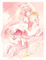 Rule 34 | 1girl, boots, character name, detached sleeves, flower, hatsune miku, headset, kneeling, long hair, md5 mismatch, necktie, pink eyes, pink footwear, pink hair, sakura miku, skirt, smile, solo, thigh boots, thighhighs, twintails, very long hair, vocaloid, yuucho (cololal)