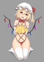 Rule 34 | 1girl, absurdres, arms behind back, blonde hair, blush, breasts, choker, elbow gloves, flandre scarlet, gloves, groin, hat, highres, kneeling, looking at viewer, mob cap, navel, neckerchief, open mouth, red neckerchief, revealing clothes, short hair, simple background, small breasts, smile, solo, thighhighs, touhou, white gloves, white thighhighs, wings, wuwusan, yellow neckerchief