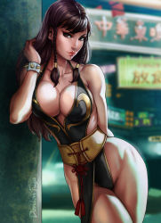 Rule 34 | 1girl, against wall, alternate hairstyle, artist name, bare legs, bare shoulders, belt, black dress, blurry, bracelet, braid, breasts, brown eyes, brown hair, capcom, car, china dress, chinese clothes, chun-li, cleavage, closed mouth, collarbone, curvy, dandon fuga, depth of field, dress, front braid, groin, hair tubes, hand in own hair, hand up, hip focus, jewelry, kanji, large breasts, leotard, light smile, lips, loincloth, long hair, looking at viewer, motor vehicle, official alternate costume, outdoors, side braid, sign, solo, spiked bracelet, spikes, standing, street fighter, street fighter v, thighs, twin braids, vehicle, watermark, web address