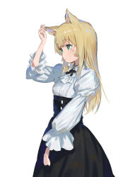 Rule 34 | 1girl, animal ears, black ribbon, black skirt, blonde hair, buttons, closed mouth, collared shirt, copyright request, cowboy shot, double-breasted, from side, green eyes, hand up, high-waist skirt, juliet sleeves, long hair, long sleeves, neck ribbon, puffy sleeves, ribbon, shirt, simple background, skirt, solo, wasabi60, white background, white shirt, wing collar