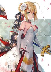 Rule 34 | &gt;:(, 1girl, absurdres, ahoge, alternate costume, animal print, artoria pendragon (all), artoria pendragon (fate), back bow, bird, black bow, blonde hair, blush, bow, breasts, cleavage, closed mouth, copyright name, crane (animal), detached collar, dress, elbow gloves, excalibur (fate/stay night), fate/grand order, fate (series), flower, flower knot, gloves, green eyes, hair bow, hair bun, hair flower, hair ornament, highres, holding, holding sword, holding weapon, large bow, long dress, medium breasts, momoko (momopoco), petals, saber (fate), short hair, sidelocks, single hair bun, solo, sparkle, standing, strapless, strapless dress, sword, weapon, white dress, white flower, white gloves