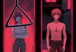 Rule 34 | 1boy, 1girl, abs, adam&#039;s apple, alley, artist name, bare arms, bare pectorals, bare shoulders, black legwear, black pants, blood, blood on face, braid, braided ponytail, breasts, chainsaw man, claireiosity, closed eyes, collarbone, denim, denji (chainsaw man), eyebrows, eyelashes, grey legwear, grey pants, hair between eyes, head tilt, highres, jeans, laughing, long hair, long sleeves, makima (chainsaw man), nipples, open mouth, pale skin, pants, pectorals, pectorals, red theme, scared, shirt, shirt tucked in, short hair, sidelocks, sleeves past elbows, smile, standing, stitched, stomach, sweat, teeth, third-party edit, tongue, topless male, twitter username, watermark, white shirt, window