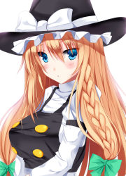 Rule 34 | 1girl, absurdres, blonde hair, blush, bow, braid, breasts, derivative work, hair bow, hat, hat bow, henet hene, highres, kirisame marisa, large breasts, long hair, looking at viewer, nori tamago, solo, touhou, upper body, white background, witch hat