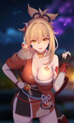 Rule 34 | 1girl, absurdres, bare shoulders, black gloves, blonde hair, blurry, breasts, chest tattoo, choker, cleavage, collarbone, cowboy shot, depth of field, fingerless gloves, genshin impact, gloves, hadanugi dousa, hair ornament, hand on own hip, hand up, highres, japanese clothes, kimono, large breasts, leaning forward, long hair, looking at viewer, merong, open kimono, open mouth, orange eyes, ponytail, red choker, red kimono, sarashi, short kimono, short sleeves, shoulder tattoo, single glove, smile, solo, standing, tattoo, vision (genshin impact), yoimiya (genshin impact)