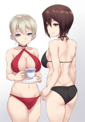 Rule 34 | 10s, 2girls, arms at sides, ass, bare arms, bare shoulders, bikini, black bikini, blonde hair, blue eyes, breasts, brown eyes, brown hair, cleavage, cleavage cutout, closed mouth, clothing cutout, collarbone, cowboy shot, cup, darjeeling (girls und panzer), drink, girls und panzer, grey background, halterneck, highres, holding, holding cup, large breasts, liquid, looking at viewer, looking back, medium breasts, multiple girls, navel, nishizumi maho, o-ring, o-ring bottom, red bikini, saucer, short hair, simple background, smile, standing, stomach, swimsuit, tea, teacup, yamaori (yamaorimon)