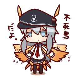 Rule 34 | 10s, 1girl, blue eyes, blush, feathers, grey hair, hat, hibiki (kancolle), highres, kantai collection, nuu (nu-nyu), open mouth, phoenix wings, pink eyes, solo, tail