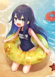 Rule 34 | 1girl, abyssal ship, akatsuki (kancolle), anchor, beach, blue eyes, blue hair, blush, day, enemy lifebuoy (kancolle), flower, innertube, kantai collection, long hair, looking at viewer, mitamgr, name tag, navel, one-piece swimsuit, open mouth, outdoors, sand, school swimsuit, seiza, sitting, solo focus, starfish, swim ring, swimsuit, water