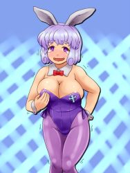 Rule 34 | 1girl, animal ears, blue eyes, blush, bow, bowtie, breasts, cleavage, d.koutya, detached collar, huge breasts, leotard, letty whiterock, open mouth, pantyhose, pink pantyhose, playboy bunny, purple hair, rabbit ears, short hair, tears, touhou, trembling, wavy mouth, wrist cuffs