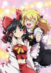 Rule 34 | 2girls, ;d, black eyes, black hair, blonde hair, bow, braid, breasts, commentary request, detached sleeves, frilled bow, frilled hair tubes, frills, hair bow, hair tubes, hakurei reimu, kirisame marisa, looking at viewer, lunamoon, medium breasts, midriff, multicolored background, multiple girls, navel, no headwear, one eye closed, open mouth, purple bow, red bow, short hair, single braid, smile, the memories of phantasm, thumbs up, touhou, white sleeves, yellow eyes