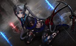 Rule 34 | 1girl, abs, absurdres, android, asagon007, bare shoulders, belt, black nails, bleeding, blood, blue coat, blue eyes, breasts, city lights, cityscape, coat, commentary request, criss-cross halter, damaged, deep wound, dual wielding, earrings, einherjar azena, fire, grey hair, hair between eyes, hair ornament, hairclip, halterneck, highres, holding, huge filesize, injury, jewelry, katana, long hair, mechanical parts, multiple swords, nail polish, night, open clothes, open coat, open mouth, original, outdoors, rain, red lips, rooftop, ruins, short shorts, shorts, sidelocks, sitting, small breasts, sword, torn clothes, torn coat, twintails, very long hair, wariza, weapon