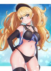 Rule 34 | 1girl, absurdres, arm at side, bare shoulders, big hair, bikini, black bikini, black gloves, black hat, black sailor collar, black thighhighs, blonde hair, blue sky, breasts, cleavage, cloud, contrapposto, cowboy shot, curly hair, elbow gloves, expressionless, eyelashes, gloves, gluteal fold, granblue fantasy, groin, hand on own hip, hat, head tilt, highres, kamidan, large breasts, lens flare, light blush, long hair, monika weisswind, navel, overskirt, parted lips, sailor collar, sky, solo, swept bangs, swimsuit, teeth, thighhighs, twintails, visor cap, wide hips, yellow eyes