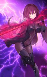 Rule 34 | 1girl, armor, bodysuit, breasts, covered navel, fate/grand order, fate (series), gae bolg (fate), highres, holding, holding weapon, kesoshirou, long hair, looking at viewer, pauldrons, purple eyes, purple hair, scathach (fate), scathach (fate), shoulder armor, smile, solo, weapon