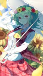 Rule 34 | 1girl, ascot, bad id, bad twitter id, blue sky, blurry, blurry background, blush, breasts, cloud, collared shirt, cowboy shot, day, flower, flower wreath, green hair, hair between eyes, hand in own hair, head wreath, highres, holding, holding umbrella, igayan, kazami yuuka, light, long sleeves, looking at viewer, medium breasts, open clothes, open vest, parasol, petals, plaid, plaid skirt, plaid vest, red eyes, red skirt, red vest, shirt, short hair, skirt, skirt set, sky, slit pupils, smile, solo, sunflower, touhou, umbrella, vest, wind, wreath