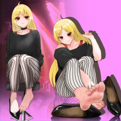 Rule 34 | 1girl, barefoot, blonde hair, bocchi the rock!, feet, highres, ijichi seika, light smile, long hair, looking at viewer, lumina (artist), red eyes, shoes, sitting, soles, stool, toes, unworn shoes