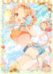 1girl ;d amakawa_tamawo animal_ears ass beach bikini bikini_top_only blush bowl breasts candy cat cat_ears cat_tail checkered_bikini checkered_clothes cloud cloudy_sky commentary commission denim dot_nose english_commentary fang flower food forehead from_side fruit hair_ornament hands_up happy heart heart_tail highres holding holding_tray ice_cream large_breasts lollipop looking_at_viewer one_eye_closed open_mouth orange_bikini orange_eyes orange_hair original plate ribbon sample_watermark sandals short_hair short_shorts shorts skin_fang sky smile solo standing standing_on_one_leg swimsuit tail tail_ornament tail_ribbon thigh_strap tray underboob watermark watermelon waves x_hair_ornament