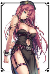 Rule 34 | 1girl, arms behind back, bare shoulders, belt, black bow, black dress, blush, bow, braid, breasts, clothing cutout, cuffs, dress, earrings, gothic lolita, hair bow, handcuffs, hat, head tilt, heart, highres, hong meiling, jewelry, large breasts, lolita fashion, long hair, looking at viewer, monety, navel, navel cutout, nipple slip, nipples, no bra, open mouth, red hair, simple background, solo, standing, star (symbol), thigh strap, touhou, twin braids, very long hair