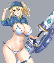 Rule 34 | 1girl, ahoge, arm up, artoria pendragon (fate), baseball cap, bikini, blonde hair, blue eyes, blue hat, blue jacket, blush, breasts, cleavage, cropped jacket, fate/grand order, fate (series), gippo, hair through headwear, hat, highres, holding, holding weapon, jacket, large breasts, long hair, mysterious heroine x (fate), mysterious heroine xx (fate), navel, ponytail, shrug (clothing), side-tie bikini bottom, skindentation, smile, solo, swimsuit, thigh strap, thighs, twinmyniad (fate), weapon, white bikini