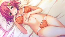 Rule 34 | 1girl, bed, blush, bow, bow bra, bow panties, bra, breasts, brown eyes, collarbone, flower, game cg, hair flower, hair ornament, hand on own stomach, highres, katagiri aika, large breasts, lens flare, looking at viewer, lying, navel, open mouth, panties, pillow, polka dot, polka dot bra, polka dot panties, red bra, red hair, red panties, reminiscence, short sleeves, source request, tomose shunsaku, underwear, white bow
