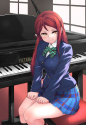 Rule 34 | 1girl, artist name, artist request, black socks, blue jacket, blue skirt, blush, bow, bowtie, breasts, brown eyes, buttons, clenched hands, closed mouth, collared shirt, feet out of frame, female focus, grand piano, hair between eyes, hair ornament, indoors, instrument, jacket, legs together, long hair, long sleeves, looking at viewer, love live!, love live! sunshine!!, on bench, piano, piano bench, plaid, plaid skirt, pleated skirt, pout, red hair, sakurauchi riko, school uniform, shirt, sitting, skirt, socks, solo, window, wing collar