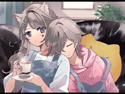 Rule 34 | 1boy, 1girl, animal ears, brother and sister, brown hair, cat ears, coffee, coffee cup, couch, cup, disposable cup, facial mark, genshin impact, grey overalls, hair ornament, hairclip, holding, holding cup, hood, hoodie, long hair, long sleeves, lynette (genshin impact), lyney (genshin impact), overalls, pink hoodie, satorigame, shirt, short hair, siblings, star (symbol), star facial mark, white shirt, x hair ornament