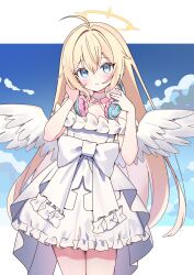 1girl ahoge angel angel_wings blonde_hair blue_eyes blue_sky bow commission cowboy_shot double-parted_bangs dress hair_between_eyes halo headphones highres large_bow light_blush long_hair looking_at_viewer original skeb_commission sky smile solo standing very_long_hair white_bow white_dress wings zenshin