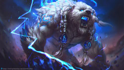 Rule 34 | 1boy, absurdres, animal, artist name, bear, claws, commentary, earrings, electricity, fangs, glowing, glowing eyes, glowing mouth, highres, jewelry, joaowbenfica, league of legends, long hair, open mouth, sharp teeth, solo, teeth, volibear, watermark, web address, white hair