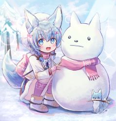 Rule 34 | 1girl, animal, animal ears, backpack, bad id, bad pixiv id, bag, blue eyes, blue hair, boots, bow, braid, commentary request, dog, full body, fur-trimmed skirt, fur boots, fur hat, fur trim, hair bow, hat, highres, jacket, koyomi (shironeko project), long sleeves, looking at viewer, mouth hold, pine tree, rucaco, scarf, shironeko project, skirt, snow, snowman, socks, squatting, stick, tail, tarou (shironeko project), tree, twin braids, winter, winter clothes, wolf ears, wolf tail