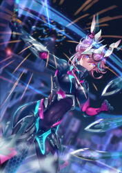 Rule 34 | 1girl, absurdres, black bodysuit, black suit, blurry, blurry background, bodysuit, breasts, chinese commentary, cityscape, closed mouth, commentary request, covered navel, cowboy shot, dutch angle, formal, fox mask, gauntlets, hair between eyes, highres, holding, holding sword, holding weapon, honkai (series), honkai impact 3rd, jihua tong (miyoushe 74564856), large breasts, looking to the side, mask, mask on head, multicolored hair, official alternate costume, outdoors, parrying, pink hair, purple eyes, single gauntlet, solo, streaked hair, suit, sword, weapon, yae kasumi, yae kasumi (neon shade) (honkai impact), yae sakura
