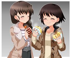 Rule 34 | 2girls, :t, bad id, bad pixiv id, belt, black belt, border, bottle, braid, braided ponytail, brown coat, brown hair, casual, closed mouth, coat, commentary, earrings, eating, facing another, food, girls und panzer, grey background, hair ornament, hair over shoulder, hairclip, highres, holding, holding bottle, holding food, isobe noriko, jewelry, long hair, long sleeves, multiple girls, one-piece swimsuit, open clothes, open coat, outline, outside border, rukuriri (girls und panzer), shirt, short hair, single braid, smile, soda bottle, standing, striped clothes, striped shirt, sweater, swimsuit, tanutika, white border, white one-piece swimsuit, white outline, white shirt, white sweater