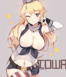 Rule 34 | 10s, 1girl, bare shoulders, blonde hair, blue eyes, blush, breasts, cleavage, garter straps, hona (pixiv7939518), iowa (kancolle), kantai collection, large breasts, long hair, looking at viewer, midriff, navel, smile, solo, star-shaped pupils, star (symbol), symbol-shaped pupils, thighhighs