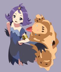 Rule 34 | 1girl, :3, :d, acerola (pokemon), armlet, blush, collarbone, creatures (company), dress, elite four, eyelashes, flat chest, flipped hair, from above, game freak, gen 7 pokemon, hair ornament, hands on own hips, highres, legs apart, looking at viewer, looking up, nintendo, open mouth, palossand, pokemon, pokemon (creature), pokemon sm, purple background, purple eyes, purple hair, sand, sand castle, sand sculpture, short dress, short hair, short sleeves, shovel, shuuto (shu-toritu), simple background, smile, standing, stitches, tareme, tongue, topknot, torn clothes, torn dress, worktool