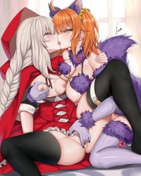 Rule 34 | 2girls, ahoge, black legwear, cosplay, fate/grand order, fate (series), fingering, french kiss, fujimaru ritsuka (female), highres, kiss, little red riding hood, marie antoinette (fate), marie antoinette (festival outfit) (fate), mash kyrielight, mash kyrielight (dangerous beast), mash kyrielight (dangerous beast) (cosplay), multiple girls, nipples, official alternate costume, piukute062, pussy, spread legs, thighhighs, thighs, yuri